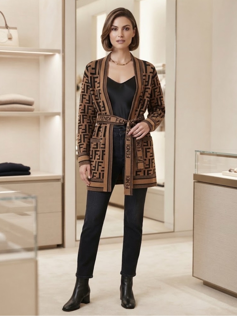 Brand new! boutique style cashmere, feeling Brown and Black Logo Belted Cardigan